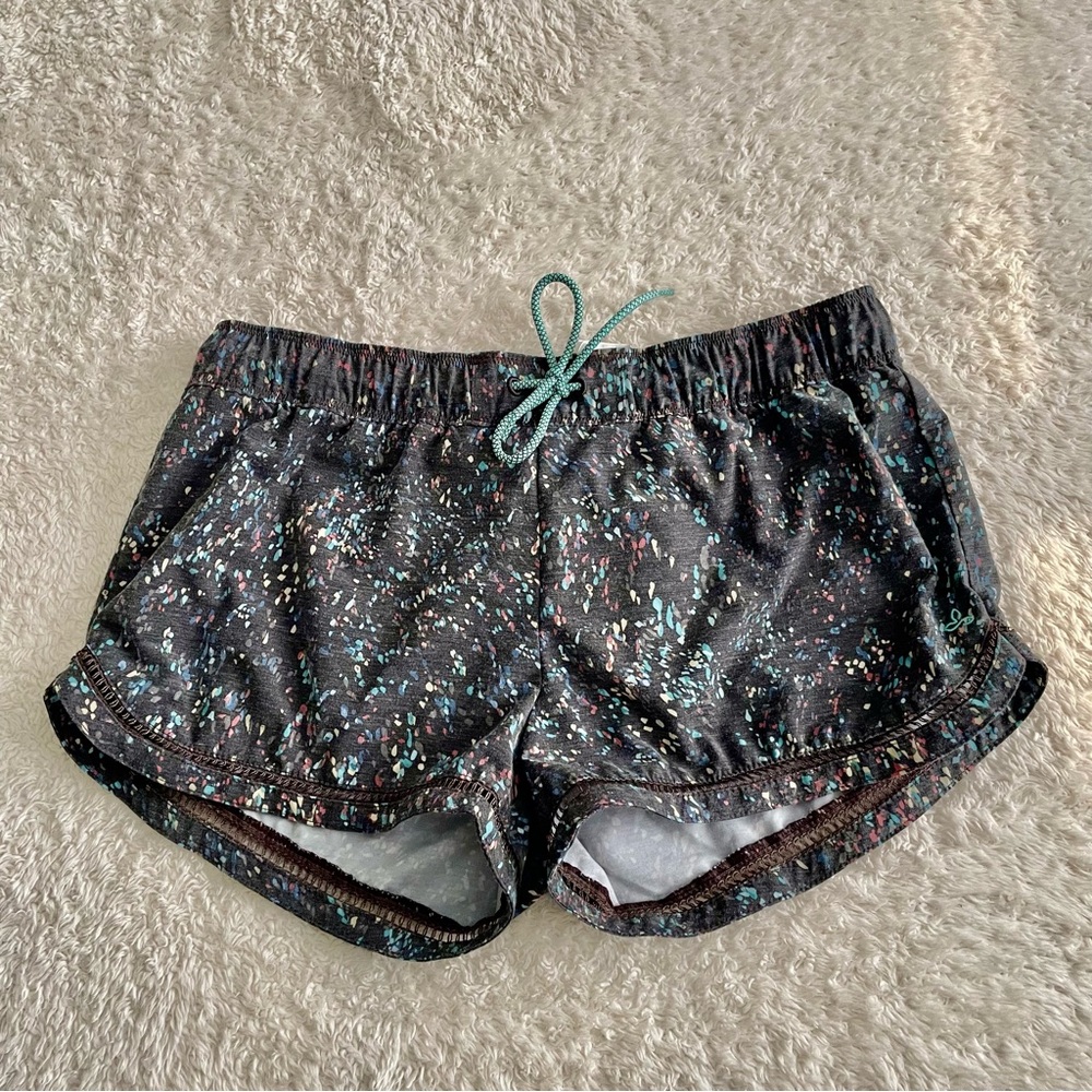 Prana Dark Gray Speckled Athletic Swim Active Shorts Small Aqua Drawstring